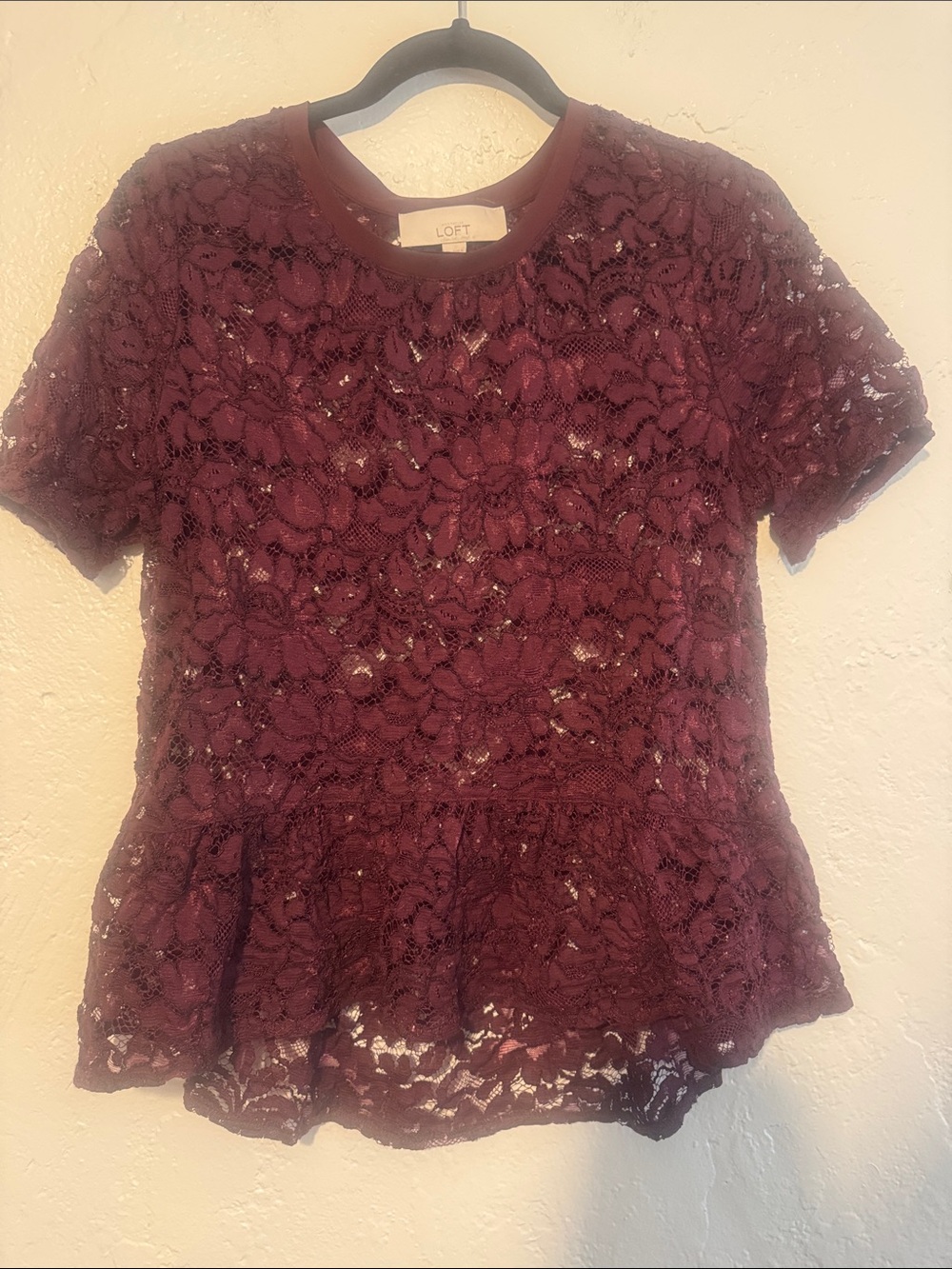 LOFT Women's Burgundy Lace Peplum Blouse